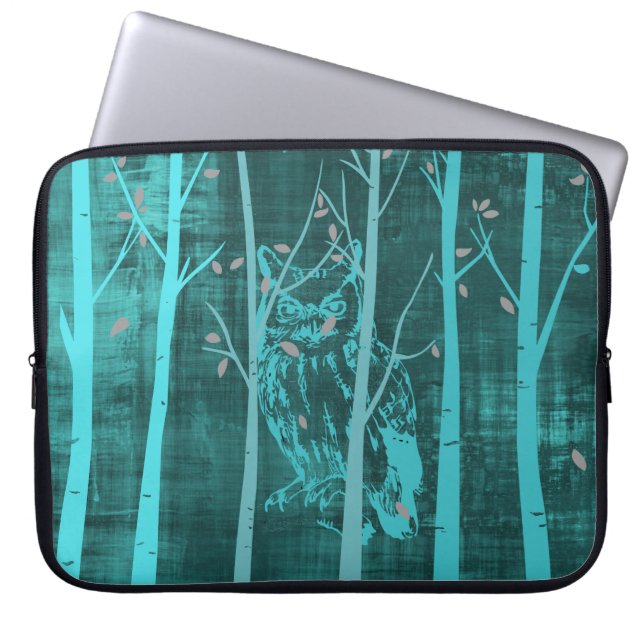 Blaue Grunge-Wald-Eule Laptopschutzhülle (Vorderseite)