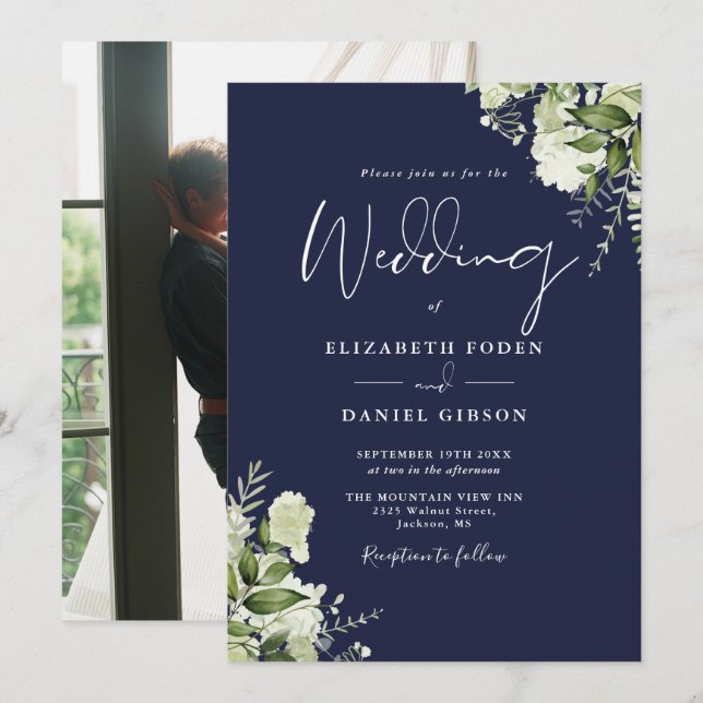 Blaue Grünpflanzen Blätter Elegantes Foto Hochzeit Einladung (Vorne/Hinten)