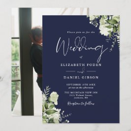 Blaue Grünpflanzen Blätter Elegantes Foto Hochzeit Einladung