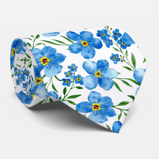 Blaue Grünpflanzen Blumenmuster Krawatte (Gerollt)