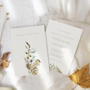 Blaue Grünpflanzen & getrocknete Pampas Hochzeit Einladung