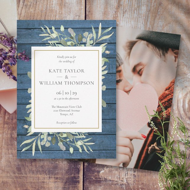 Blaue Grünpflanzen Gold Rustikales Foto Hochzeit Einladung (Navy Blue Greenery Gold Rustic Photo Wedding Invitation)