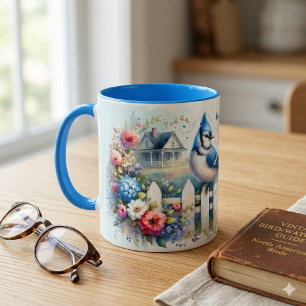 Blaue Häher Cottage-Garten Zaun Szene Tasse