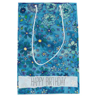 Blaue Hand gezeichnetes Blumenwatercolor-Muster Mittlere Geschenktüte