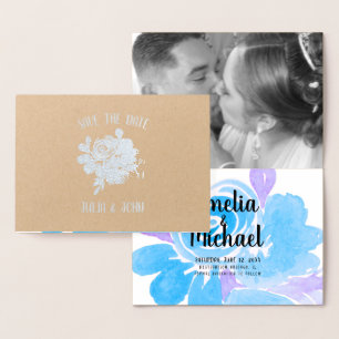 Blaue handgemalte Blumen Save-the-Date-Folienkarte Folienkarte