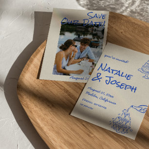 Blaue handgezeichnete Champagner-Turm-Torte Foto H Save The Date