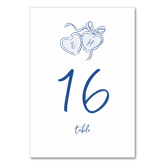 Blaue handgezeichnete Herzen Monogramm Whimsical H Tischnummer (Vorderseite)