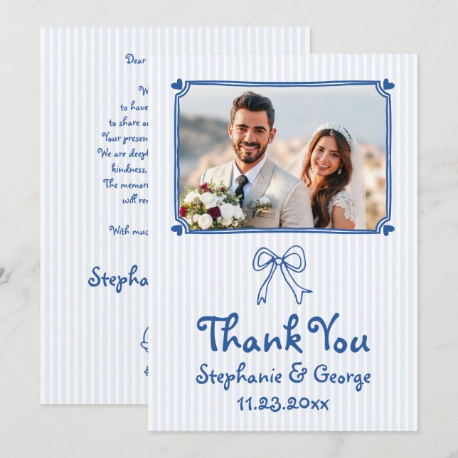 Blaue handgezeichnete kritzelige Foto-Hochzeit Dankeskarte (Vorne/Hinten)