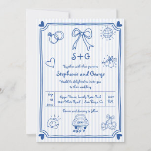 Blaue handgezeichnete Schnabeldoodle, Streifen Hoc Einladung