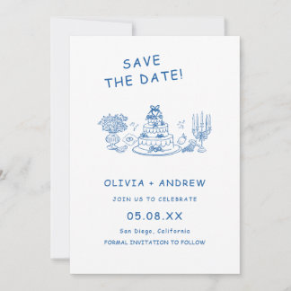 Blaue handgezeichnete whimsical Hochzeit Merken Si Einladung