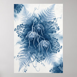 Blaue Hängende Orchideen-Farn-Cyanotypie-Botanikku Poster