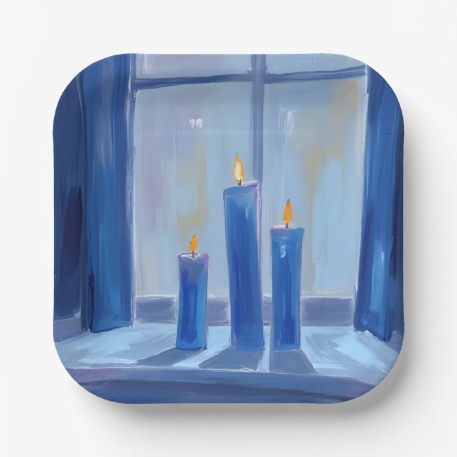 Blaue Hanukka-Kerzen Aquarell Pappteller (Vorderseite)