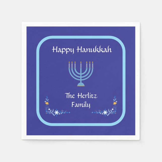 Blaue HANUKKAH Menora Anpassen NAME Serviette (Vorderseite)