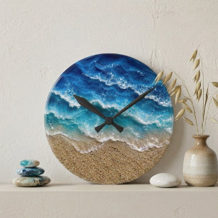 Blaue Harz-Wellen-Optik Strand Sand Ozean Küste Runde Wanduhr