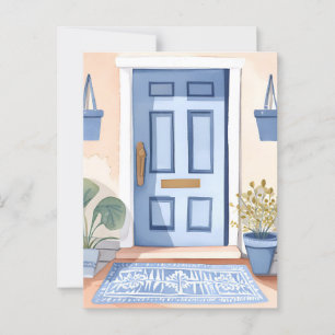 Blaue Haustür   Neues Haus Aquarellmalerei Postkarte