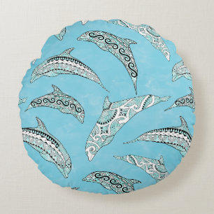 Blaue Hawaiianische Stammesdelphine Rundes Kissen