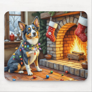 Blaue Heeler-Kamin mit Weihnachtslichtern Mousepad