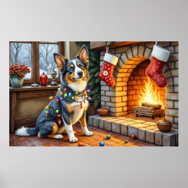 Blaue Heeler-Kamin mit Weihnachtslichtern Poster (Vorne)