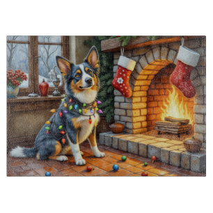 Blaue Heeler-Kamin mit Weihnachtslichtern Schneidebrett