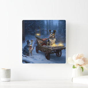 Blaue Heeler Schneebedeckter Schlitten Weihnachtsd Quadratische Wanduhr
