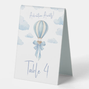 Blaue Heißluftballon-Schleifen-Baby-Party-Tischnum Tischaufsteller