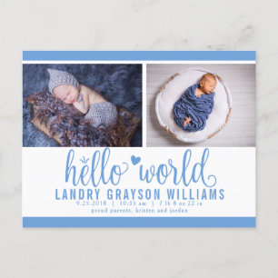 Blaue Hello World Foto-Geburtsstatistik Ankündigungspostkarte