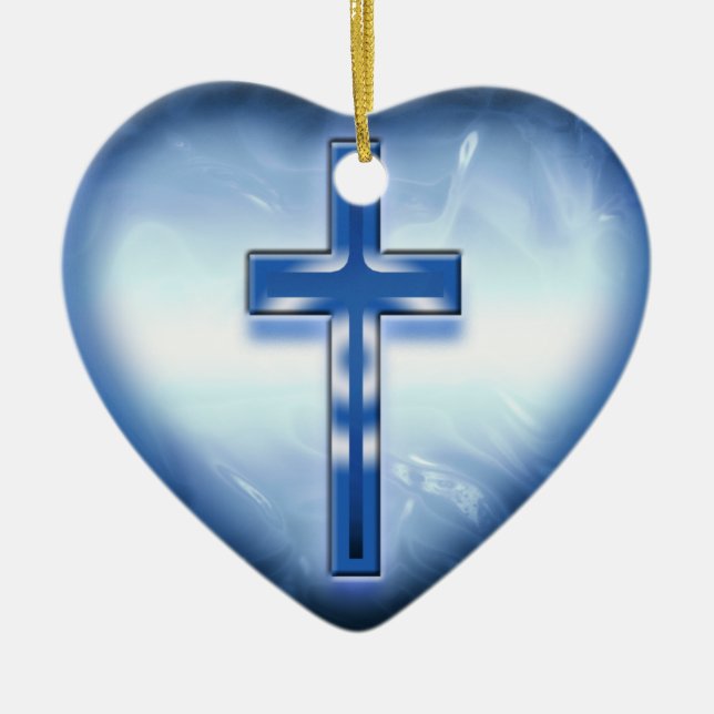 BLAUE HERZ-KREUZ-VERZIERUNG KERAMIK ORNAMENT (Vorne)