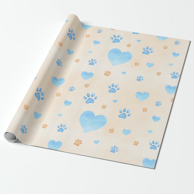 Blaue Herz- und Druckmuster für Wasserfarben Geschenkpapier (Ungerollt)