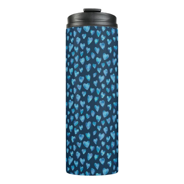 Blaue Herz-Wasserfarbenmuster Thermosbecher (Vorderseite)
