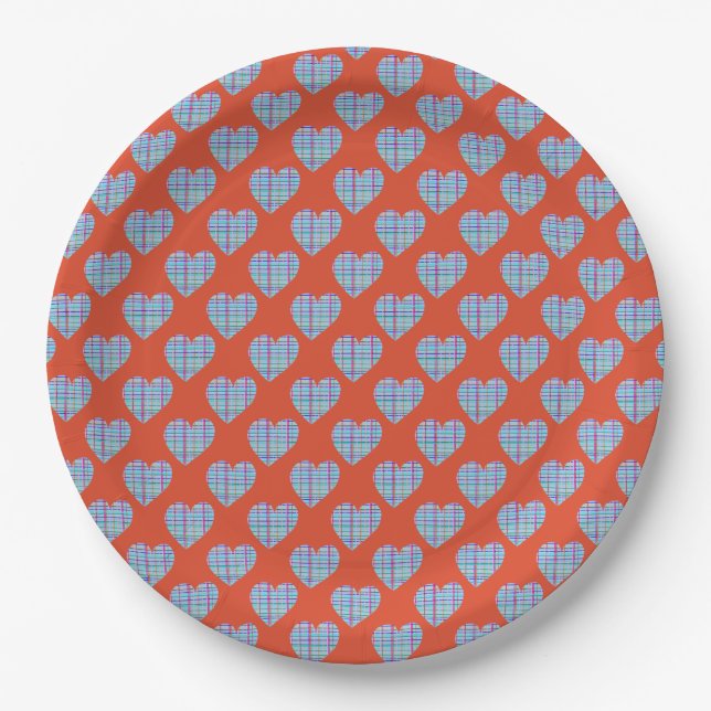 Blaue Herzen in Rot Pappteller (Vorderseite)