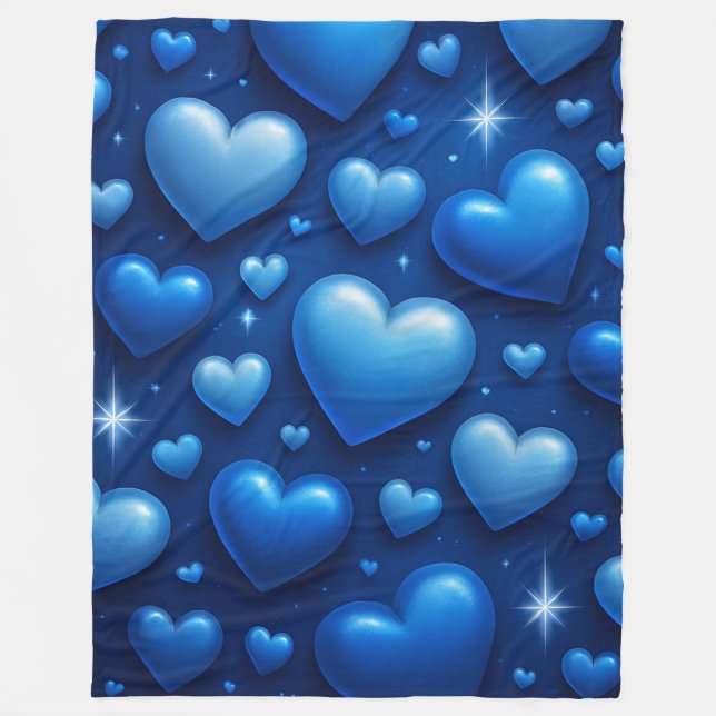 Blaue Herzen mit Sternen-Muster Fleecedecke (Vorderseite)