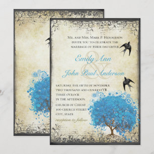 Blaue Herzleder Tree Vintage Vogelperspektive Einladung