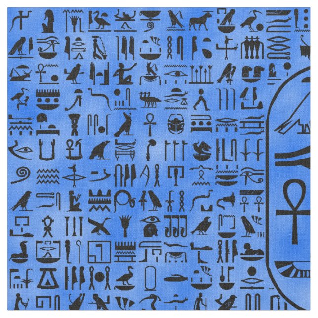Blaue Hieroglyphen Stoff (Nahaufnahme)
