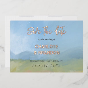 Blaue Himmel gemalte Landschaft Hochzeit Save The Folieneinladung