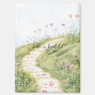 Blaue Himmel Grasweg rosa Blumen Magnet