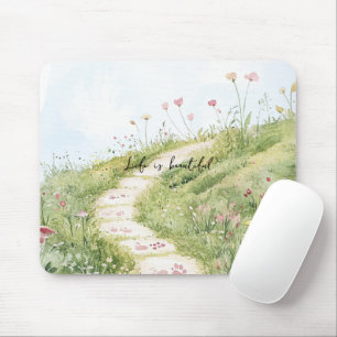 Blaue Himmel Grasweg rosa Blumen Mousepad