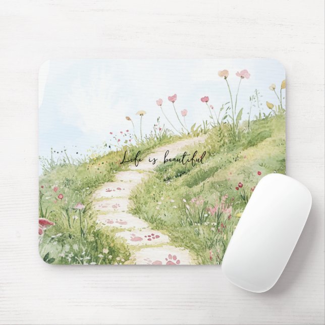 Blaue Himmel Grasweg rosa Blumen Mousepad (Mit Mouse)