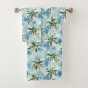 Blaue Himmel Tropische Insel Palmen   Badhandtuch Set