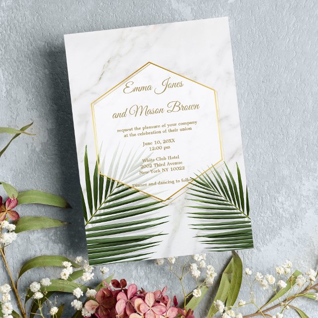 Blaue Hochzeit aus weißem Marmor mit tropischer Pa Einladung (Tropical green palm tree white marble Wedding)