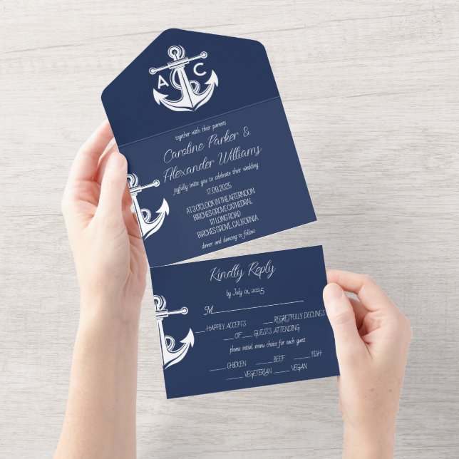 Blaue Hochzeit der Nautic Navy All In One Einladung (Abreißen)