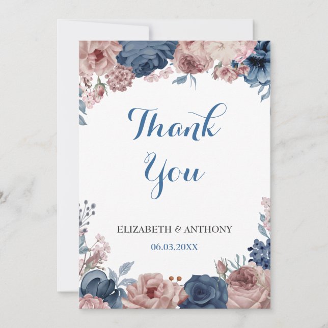Blaue Hochzeit der Navy Rose Mauve Watercolor Dankeskarte (Vorderseite)
