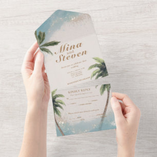 Blaue Hochzeit des tropischen Strandes All In One Einladung