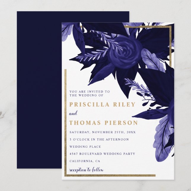 Blaue Hochzeit in Aquarellgold Einladung (Vorne/Hinten)