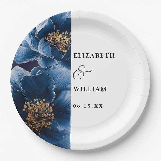 Blaue Hochzeit in Navy Elegant Moderne Blumenhochz Pappteller (Vorderseite)