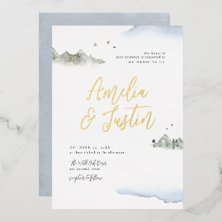 Blaue Hochzeit in Urlaubsort Folieneinladung