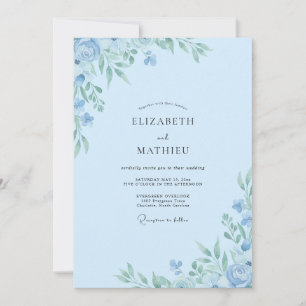 Blaue Hochzeit mit blasser Azurblättern Eukalyptus Einladung