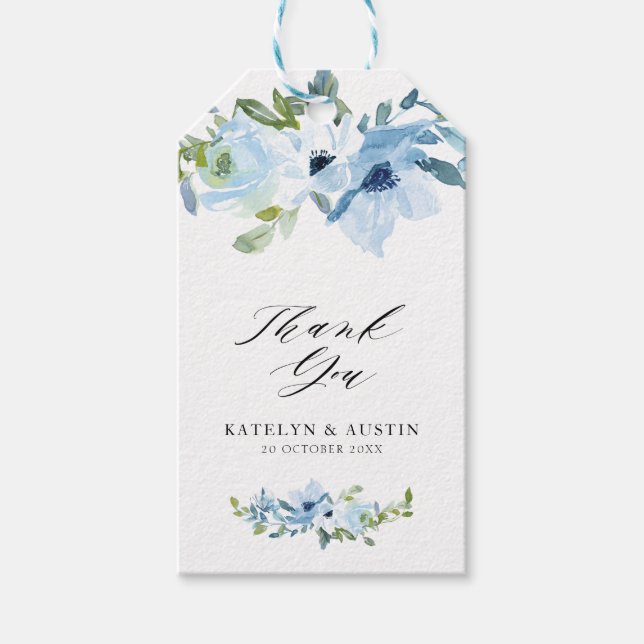 Blaue Hochzeit mit Blumen Geschenkanhänger (Vorderseite)