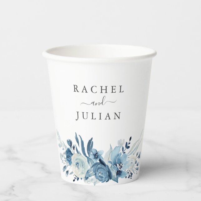 Blaue Hochzeit mit Blumen Pappbecher (Vorderseite)