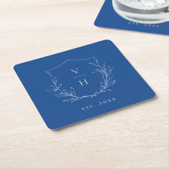 Blaue Hochzeit mit botanischem Wappen Rechteckiger Pappuntersetzer (angewinkelt)