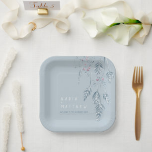 Blaue Hochzeit mit geätztem Grasbeeren im Winter Pappteller